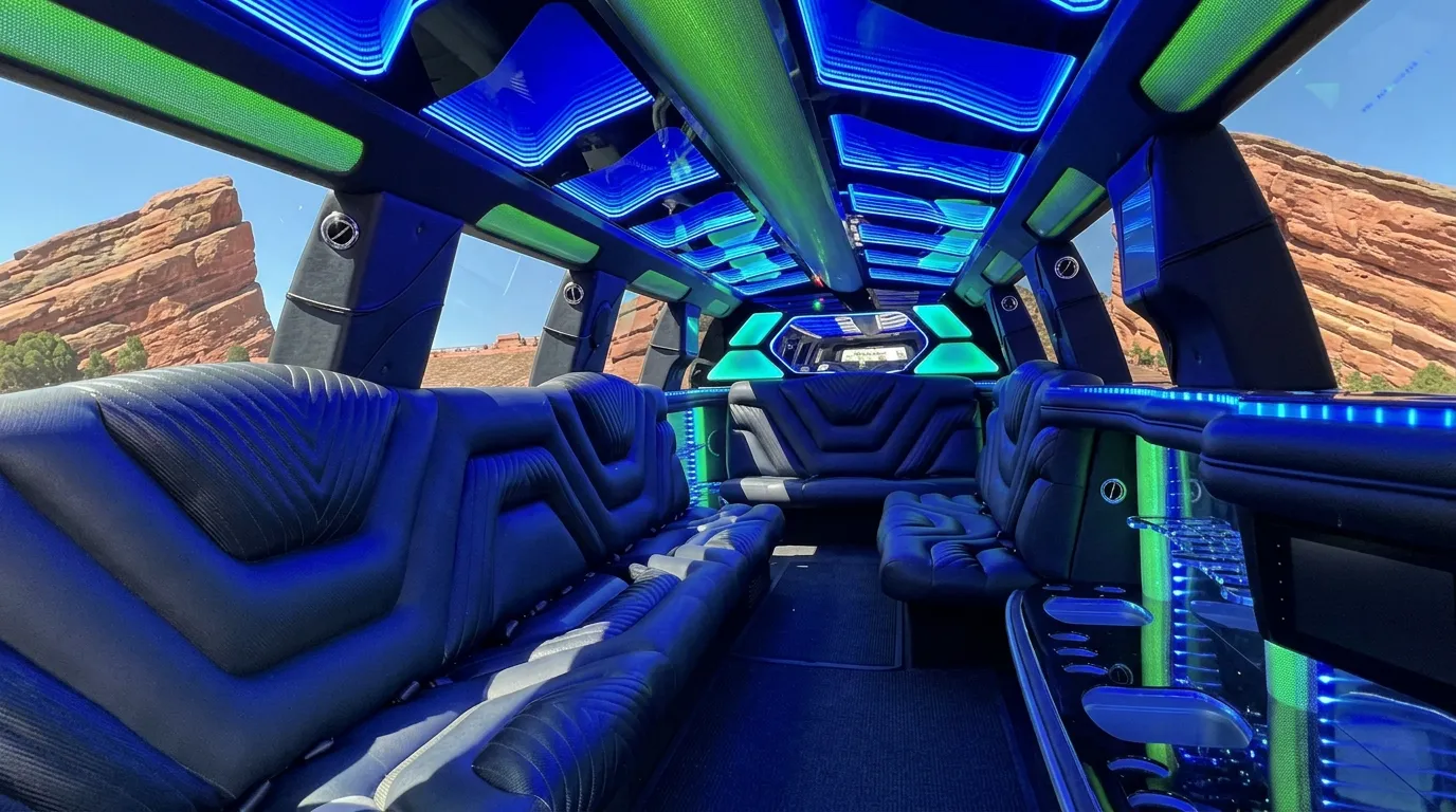 Inside the Chevy Suburban limo in Castle Rock: LED light-show ceiling, leather lounge seating and lit bar