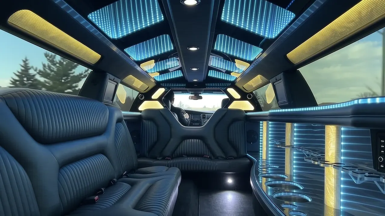 Inside the Dodge Charger limo in Castle Rock: LED light-show ceiling, leather lounge seating and lit bar