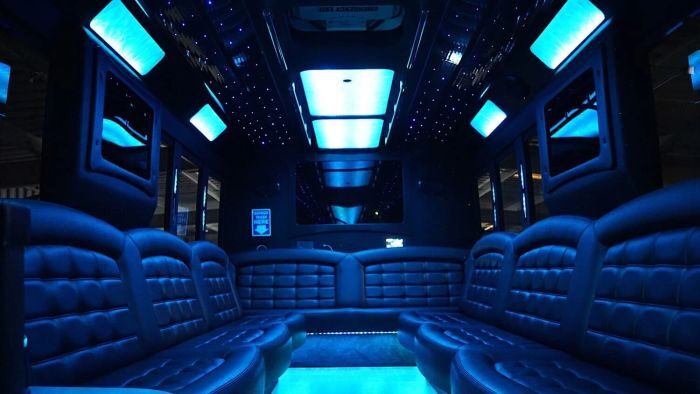 Wraparound seating and blue LED lights – Parker party bus rental